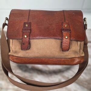 Fossil Brown Leather and Tan Canvas Messenger Bag